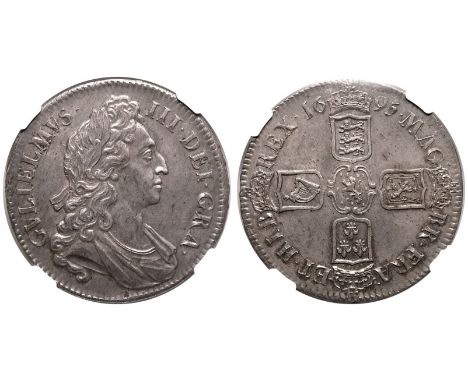 ENGLAND. William III, 1694-1702. Silver Crown, 1695. London. SEPTIMO. First laureate and draped bust of King William III righ