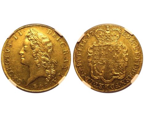 GREAT BRITAIN. George II, 1727-60. Gold 5 Guineas, 1729. London. The East India Company (E.I.C.) 5 Guinea of George II is a r