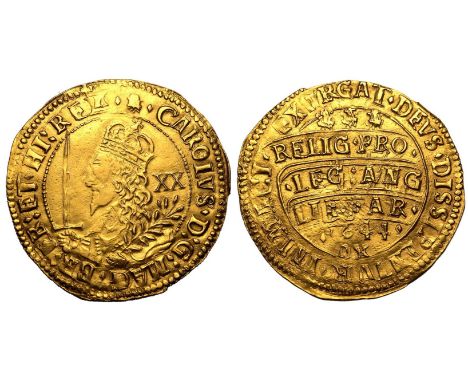 ENGLAND. Charles I, 1625-49. Gold Unite, 1644. Oxford. Crowned and armoured bust left, holding long sword and olive branch, d