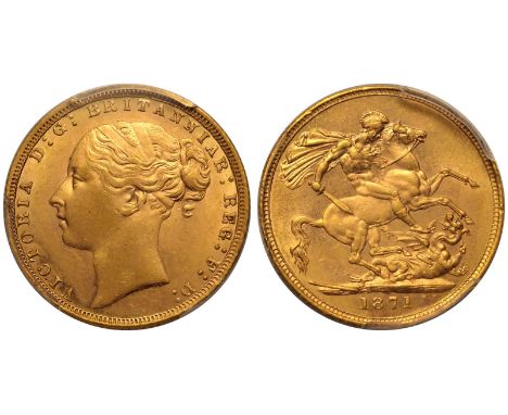 UNITED KINGDOM. Victoria, 1837-1901. Gold Sovereign, 1871. London. Small BP. Young head of Victoria facing left, hair tied in
