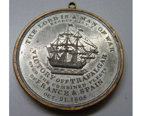 Alexander Davison’s white metal medal for The Battle of Trafalgar by Thomas Halliday, with gilt brass surround and suspension