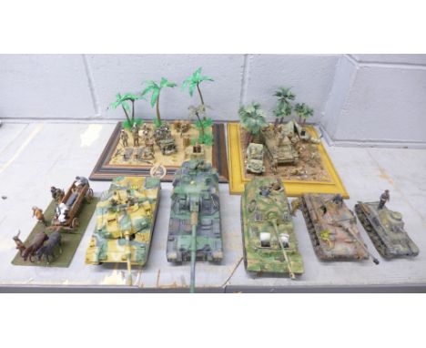 Two plastic model dioramas of WWII soldiers and six vehicles (five military) 