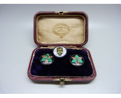 A pair of pietra-dura studs, cased and a micro-mosaic scarab button/stud 