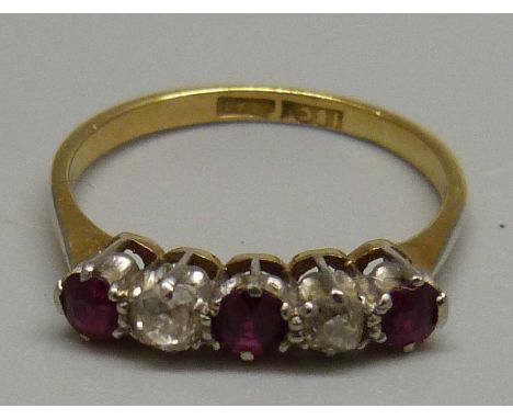 An 18ct gold, ruby and diamond ring, 2.2g, M 