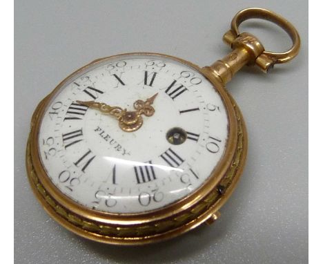 A yellow metal fob watch, with continental control mark on the stem, the dial marked Fleury, dial cracked, opening button a/f