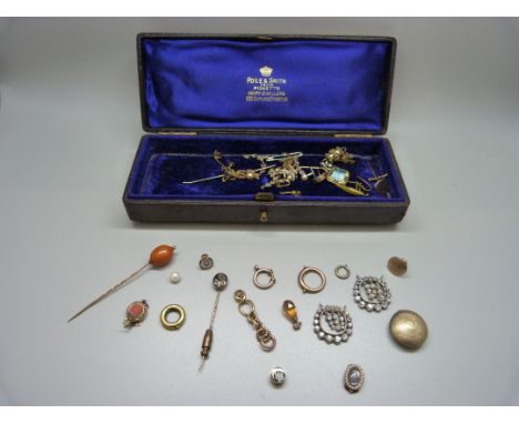 Two stick pins, studs, fasteners, jewellery findings, some diamond set and gold, (mainly for spares) 