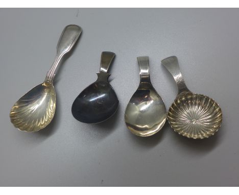 Four 19th century silver caddy spoons, (one a/f, bent) 