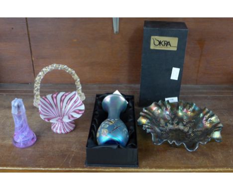 An Okra Glass studio vase, a carnival glass dish, a 19th Century Salviati Murano aventurine zanfirico glass basket and Caithn