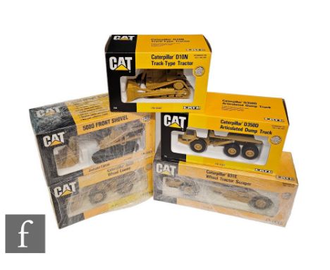 Five ERTL Caterpillar 1:50 scale diecast models, comprising 2436 D10N Track-Type Tractor, 2435 988B Wheel Loader, 2637DA 5080