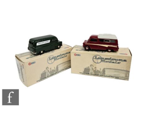 Two Landsdowne Models 1:43 scale white metal models, LDM33a 1960 Bedford Dormobile Romany Deluxe in light maroon and white an