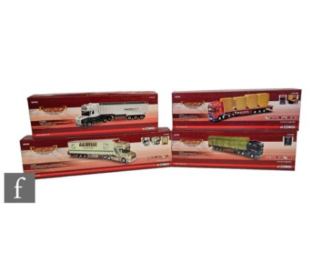 Four Corgi Hauliers of Renown 1:50 scale diecast models, CC12823 AS Taylor Scania T Topline Curtainside with Moffett Mounty, 