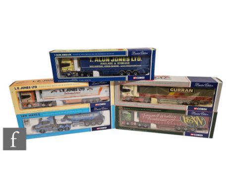 Five Corgi 1:50 scale diecast models, comprising CC12211 Fagan &amp; Whalley Scania Curtainside, CC12801 Ian Hayes Transport 