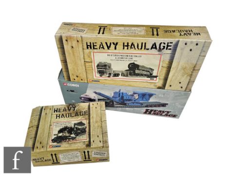 Three Corgi Heavy Haulage 1:50 scale diecast models, CC13203 Allely's DAF XF Super Space Cab, King Trailer and Locomotive Loa