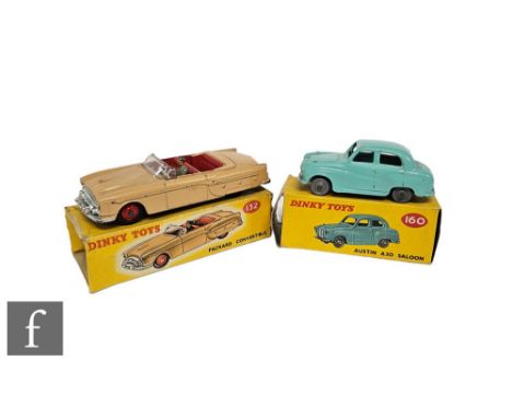 Two Dinky Toys&nbsp;diecast model cars, 160 Austin A30 Saloon in turquoise and&nbsp;132 Packard Convertible in light tan with