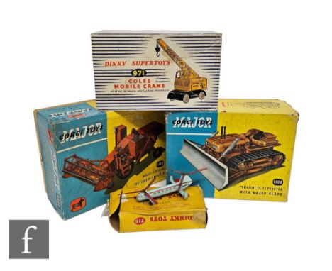Three diecast models, Corgi 1102 Euclid TC-12 Tractor with Dozer Blade, Corgi 1111 Massey-Ferguson 780 Combine Harvester, and
