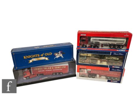 Five Corgi 1:50 scale diecast models, CC12410 Knowles Transport Volvo FH Bulk Tipper, CC12212 WH Malcolm Scania 4 Series Bulk