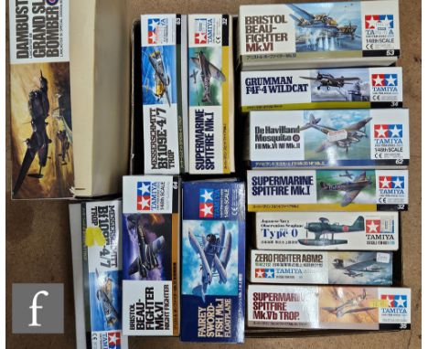 Thirteen Tamiya 1:48 scale plastic model kids, all military aircraft, to include 61063-1800 Messerschmitt Bf109F-4/7, 10 Damb