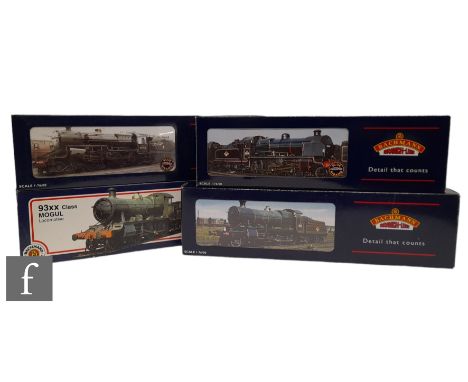Four OO gauge Bachmann BR locomotives, 32-176 2-6-0 black Crab 42765, 31-803 2-6-0 green 93XX Class Mogul, 32-152 2-6-0 black