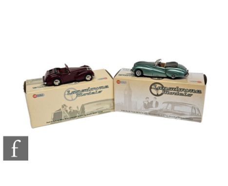 Two Landsdowne 1:43 scale model cars, LDM37 1949 Triumph 2000 Roadster and LDM102 1948 Aston Martin DB1 in metallic green, bo