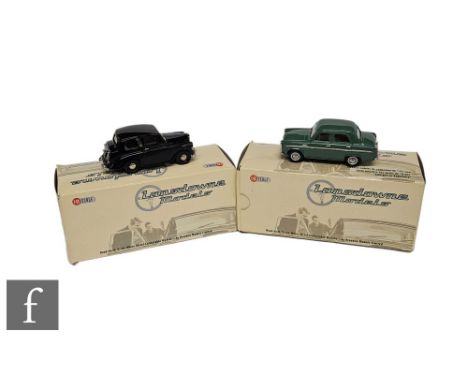 Two Landsdowne 1:43 scale model cars, LDM49 Triumph Mayflower in black and LDM59 1955 Ford Prefect 100E in Lichfield green, b