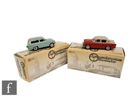 Two Landsdowne Models 1:43 scale white metal models, LDM48x 1958 Hillman Jubilee Minx in pearl grey over calypso red and LDM9