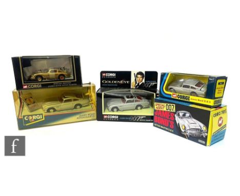 A collection of Corgi James Bond Aston Martin DB5 diecast models, comprising 94060, CC04204G, 96656, 96655 and 96657, all box