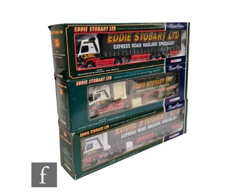 Three Corgi Eddie Stobart 1:50 scale diecast models, CC13207 DAF XF Space Cab &amp; Flatbed Trailer, CC12901 Scania Topline C