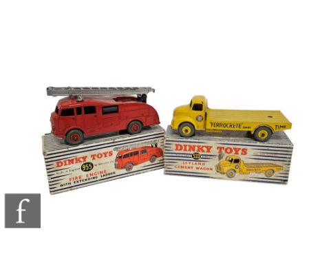 Two Dinky diecast models, 533 Leyland Cement Wagon and 955 Fire Engine, both in blue and white striped picture boxes. (2) 