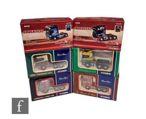 A collection of Corgi 1:50 scale diecast models including Truckfest, CC12225 Scania Topline Robert R Joiner, CC14106 DAF 105 