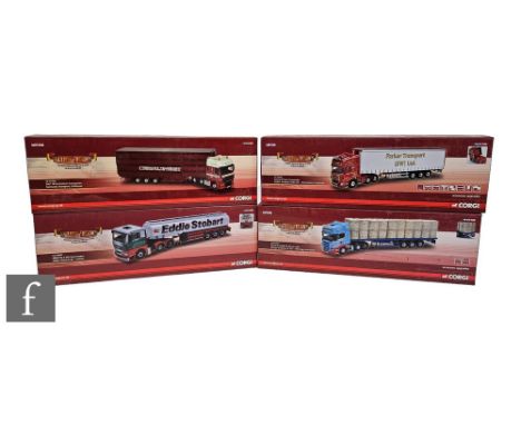 Four Corgi Hauliers of Renown 1:50 scale diecast models, CC15207 Eddie Stobart MAN TG-X (XL) Fuel Tanker, CC13735 George Ande