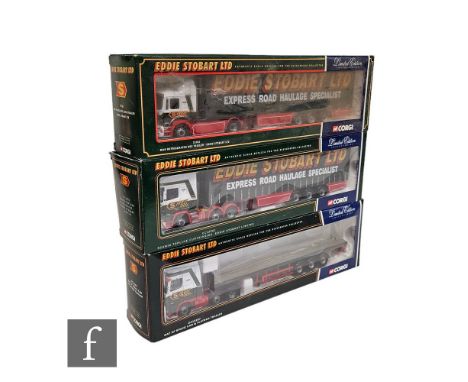 Three Corgi Eddie Stobart 1:50 scale diecast models, CC13201 DAF XF Super Space Cab Curtainside, CC12802 Scania T-cab Bulk Ti