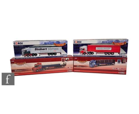 Four Corgi Hauliers of Renown 1:50 scale diecast models, CC14026 Steve Swain Transport Volvo FH Log Trailer, CC12824 Larkins 