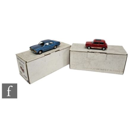 Two Abbey Classic Kits 1:43 scale model cars, AC03 Mini Clubman 1275GT in flame red and 1600 Ford Cortina MkIII L Saloon in m