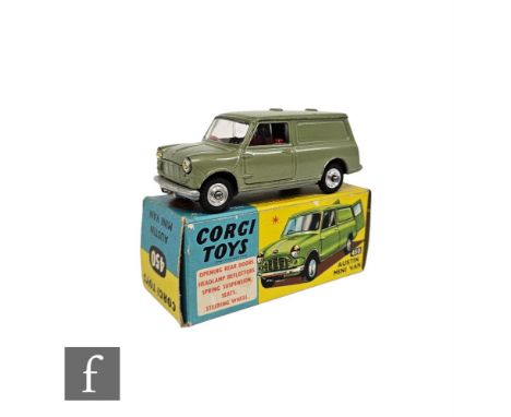 A Corgi Toys 450 Austin Mini Van in light metallic green with red interior, includes both opening rear doors, in blue and yel