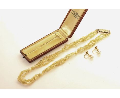 A seed pearl stick pin in case, a pair of cultured pearl screw fitted earrings, and a seed pearl necklace