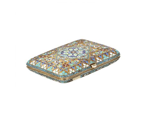 Silver cigarette case with gilding and cloisonne enamel. Stamps on the latch tongue, the inside of the sash, and the tongue f