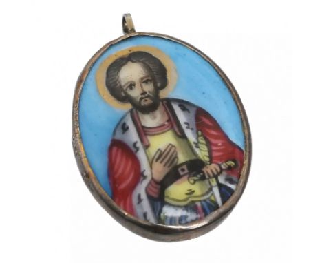 Body-worn icon of the Holy Blessed Grand Duke  Alexander Nevsky, made using the Enamel technique with a silver frame. Hallmar