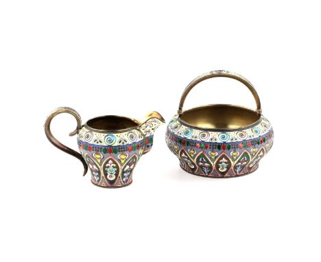 Silver sugar bowl and creamer 84 samples, 11 Artel, with painted enamel. A significant and visible addition to the portrait o