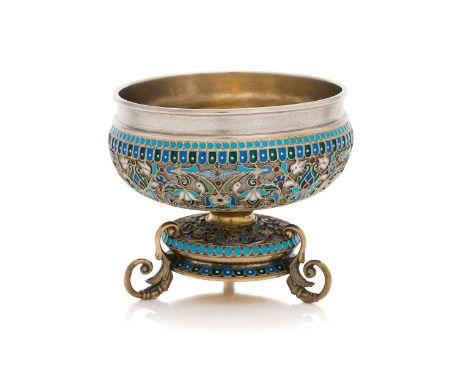 Ovchinnikov. Silver decorative bowl of cloisonne enamel on a leg, with gilding inside. Moscow 1896. Decorated with multicolor