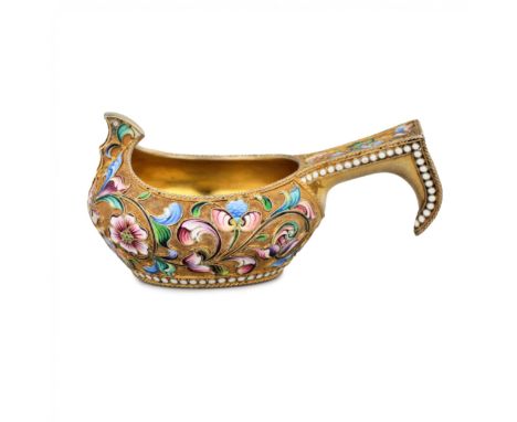 Decorative kovsh in Russian style. Silver, gilding, painted filigree enamel. Russia, Moscow, 1890s. Dimensions: weight - 69 g