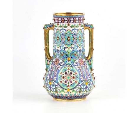 Vase with cloisonne enamel in carpet decoration. Hallmarks: Double-headed eagle, GRACHEV Brothers. 1873. Hallmark: 84. Produc