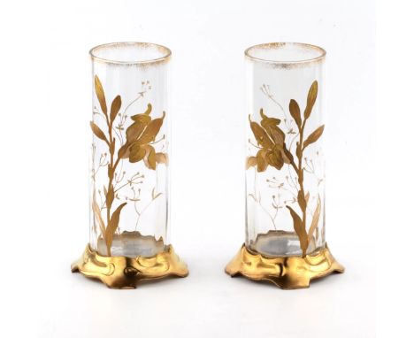  A pair of vases , decorated with gilded, enamel art in the Art Nouveau style. Width: 11.5cm, Height: 22cm, Depth: 23cm, Weig