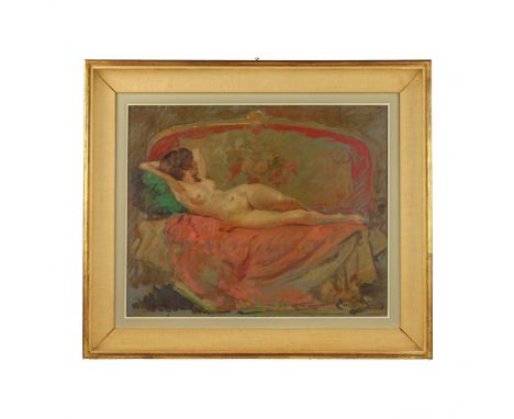  EMIL BAYES (EMILE BAES). 1889-1953 Nude on a canape . Light captivating work a la prima, depicting a young lady lying in pil