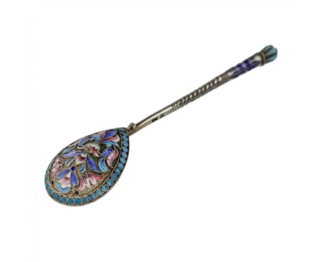 Russian silver teaspoon made of cloisonne enamel with a twisted handle. The teardrop-shaped work surface is decorated with bl