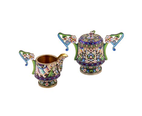 Russian silver creamer and cloisonne enamel sugar bowl in Art Nouveau style. Moscow, 1894 Conical shapes, decorated with poly