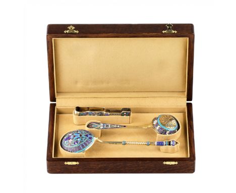 Silver tea set of cloisonne enamel with the slogan Bon appetit on the spoon. Includes: Large Jam Serving Spoon, Tea Strainer 