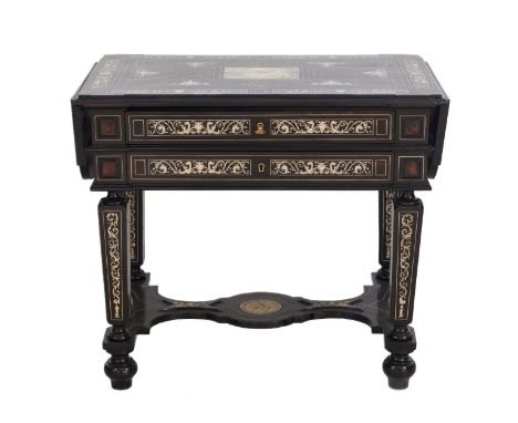 Ferdinando Pogliani (Milano, 1832 - Milano, 1899). A stunning Neo-Renaissance ebony desk with grotesque ivory and tortoiseshe