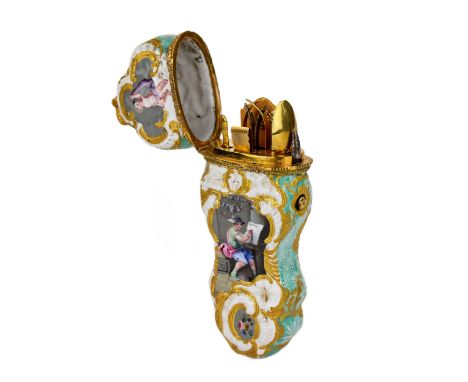 English painted porcelain necessaire with tools and gold setting. The case of whimsical forms is made in the spirit of Rococo