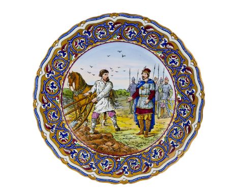 A large porcelain decorative plate with a genre scene made in the technique of polychrome painting, located in the mirror of 