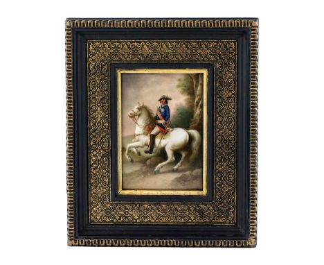 Porcelain plaque Portrait of an equestrian monarch. Goes back to the iconography of the portrait of Peter the Great, painted 